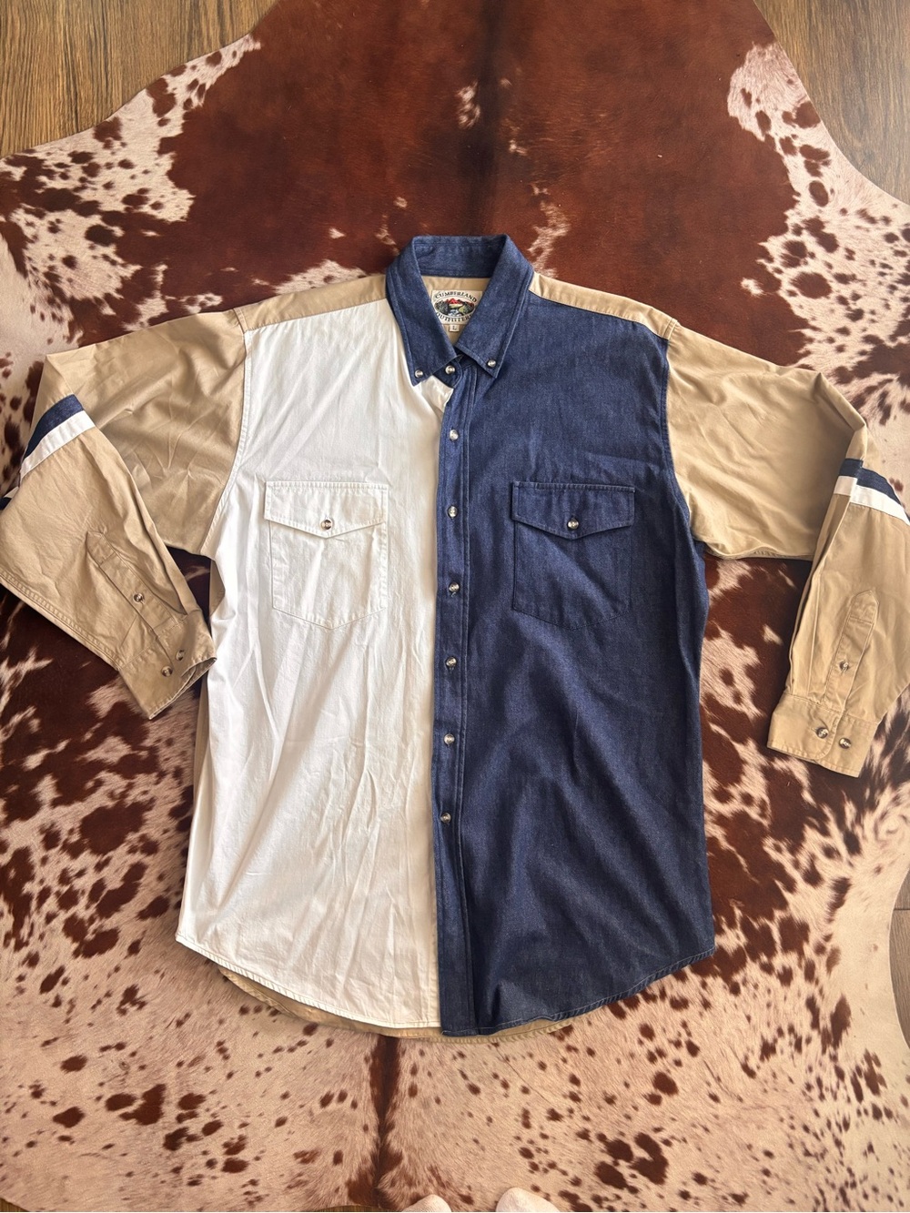 Vintage Colorblock Long-Sleeve Button-Up Shirt - Navy, White & Tan Sz l